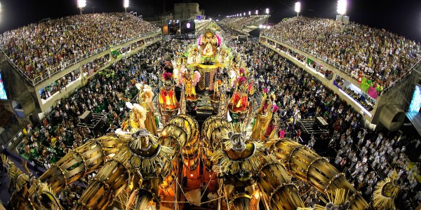 Revellers attend to XXXXXXXX Samba School parade during Rio de Janeiro's carnival on Marques de Sapucai Sambodromo.